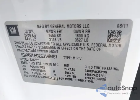 2012 GMC Acadia Denali из США, поврежденный, VIN 1GKKRTED2CJ149461